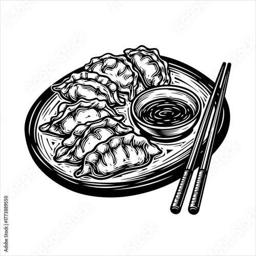 A detailed, hand-drawn black and white illustration of Asian dumplings on a plate with dipping sauce and chopsticks.