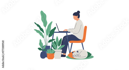 An illustration depicts a woman working on a laptop at a desk surrounded by potted plants and a sleeping dog, creating a cozy and productive home office environment.