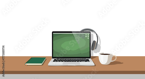 A vector illustration depicts a laptop with a green screen, headphones, a coffee cup, and a notebook on a wooden desk, representing work and productivity against a white background.