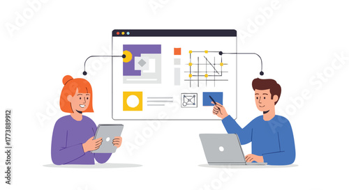 A vibrant illustration depicts two individuals collaborating, using digital devices like tablets and laptops, to analyze data and design elements on a large interactive screen in a modern workspace.