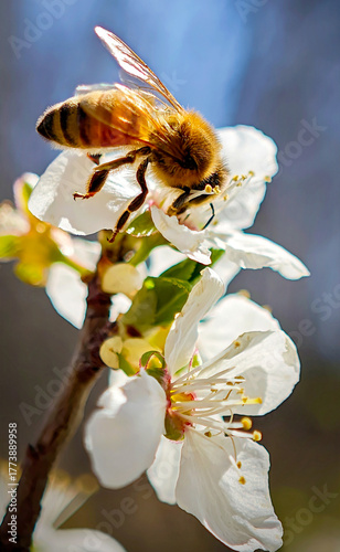 A bee is on a flower, and the flower is white