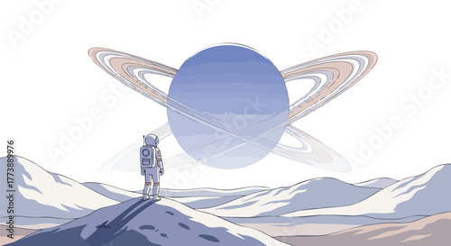 A lone astronaut stands on a distant planet, gazing at a large planet with rings in a retro-style illustration, evoking a sense of wonder and exploration in the vastness of space.