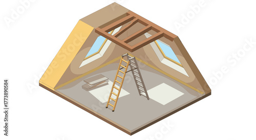 Isometric attic with ladder and skylights in sunlit room