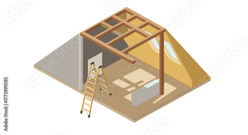Loft renovation design with skylight and ladder featuring isometric perspective