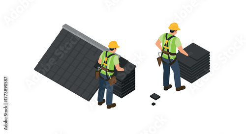 Construction workers installing roof tiles in isometric style