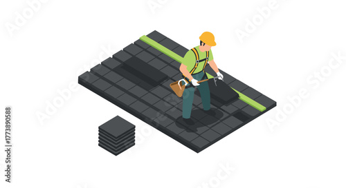 Construction worker laying tiles isometric design