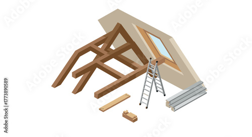 Isometric roof construction elements with wooden beams and ladder