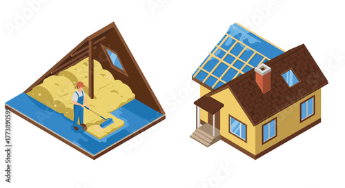 Isometric home insulation and energy efficiency concepts