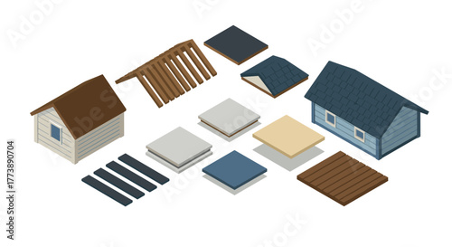 Isometric building components set with roof, wall, tile, wood, and house models
