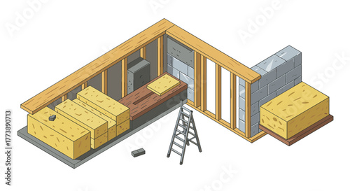 Isometric construction site with wooden framework and insulation blocks