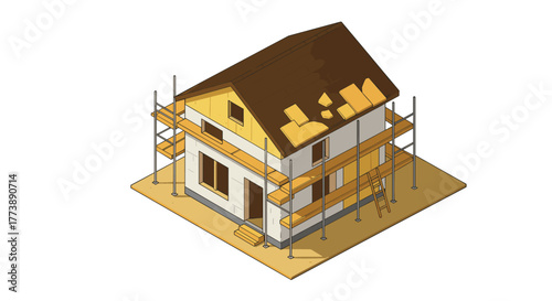 Isometric scaffolding around house under construction with roof repair
