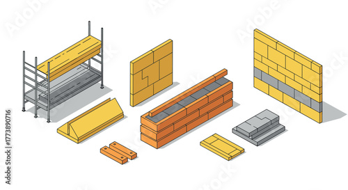 Construction material icons set isometric bricks, walls, and scaffolding elements for building design