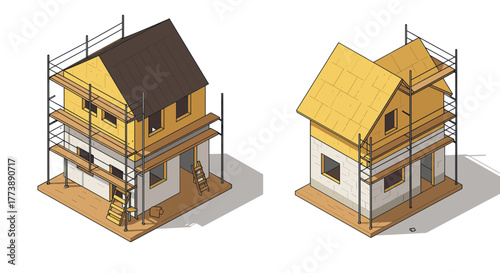 Isometric house construction process with scaffolding and roof installation