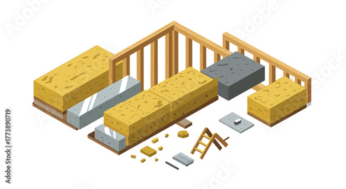 Isometric construction materials wooden frames, bricks, and concrete blocks