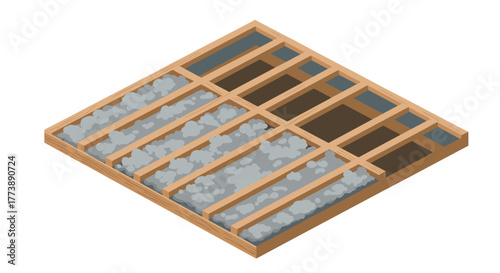 Isometric view of wooden ceiling with insulation