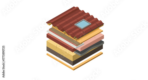 Isometric roof layer diagram with tiles and skylight for architectural design