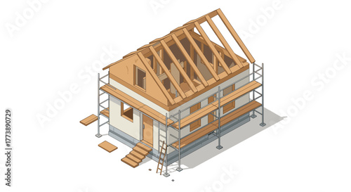 Isometric house construction scene with wooden roof framework and scaffolding