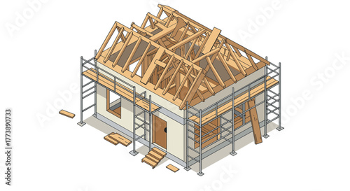 Isometric view of wooden house construction with scaffolding and roof framework