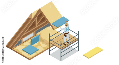 Worker installing insulation panels in attic with scaffold in isometric style