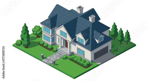 Isometric suburban house with garden and driveway in a peaceful neighborhood