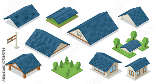 Isometric roof and house designs with blue shingles and landscaping