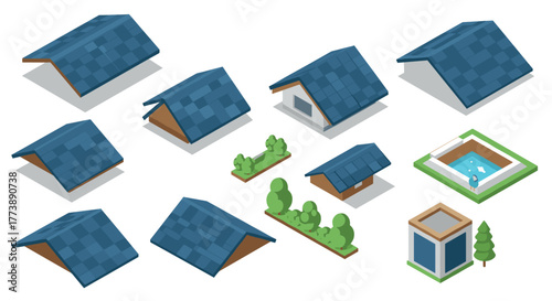 Isometric roof and landscape elements with blue shingles and greenery