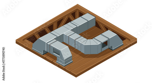 Isometric hvac ductwork on wooden attic floor