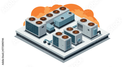 Isometric hvac system on building roof with orange accents and cooling units