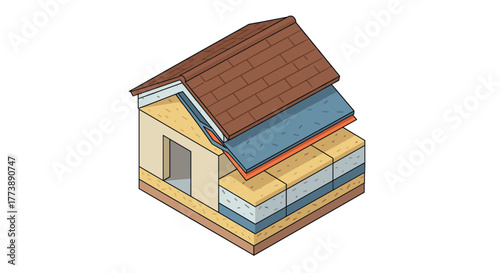 Isometric crosssection of roof layers with brick, insulation, and wood elements