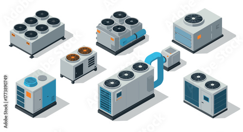 Modern set of isometric hvac units for industrial and commercial use