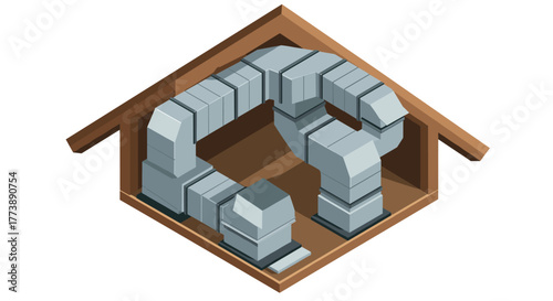 Isometric hvac system in attic with ventilation ductwork design for modern homes