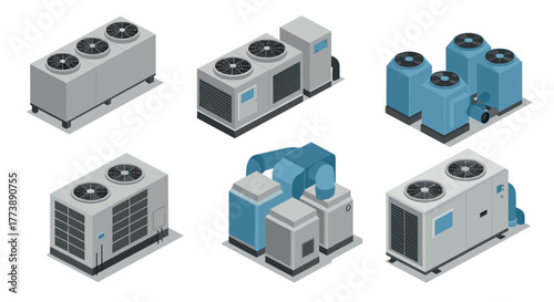Isometric industrial hvac systems set featuring air conditioning units and ventilation equipment