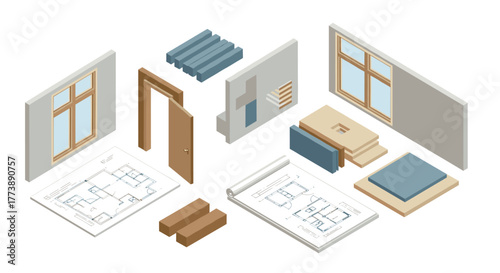 Isometric home construction set with windows, door, and architectural plans