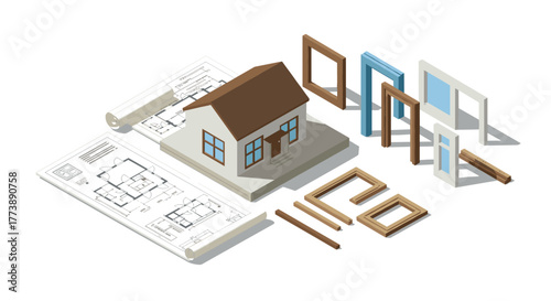 Isometric house construction blueprint with 3d architectural details and wooden frame components