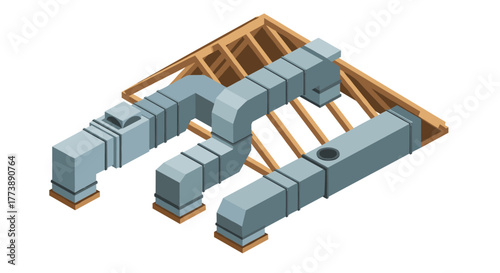 Isometric hvac air duct system in roof structure