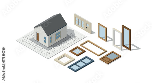 Isometric 3d house model with construction elements and architectural plans