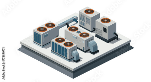 Isometric hvac system on rooftop platform with air conditioning units