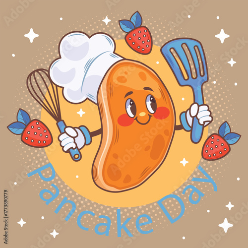 Happy pancake day. pancake day background. National Pancake Day. Cartoon Vector illustration design Template for Poster, Banner, Flyer, Card, Post, Cover. Pancakes stack with berries or honey.