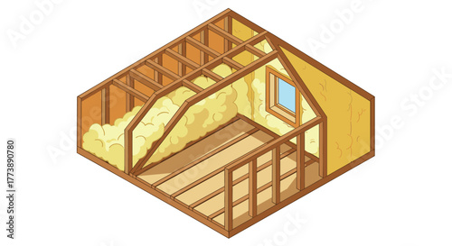 Isometric attic insulation with wooden beams and cozy window