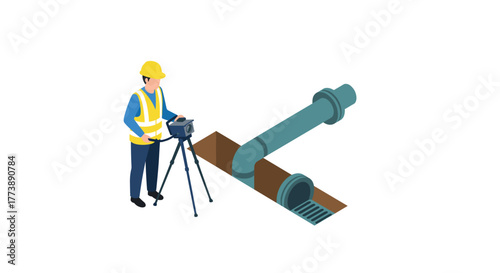Construction worker using survey equipment for underground pipe installation in isometric design