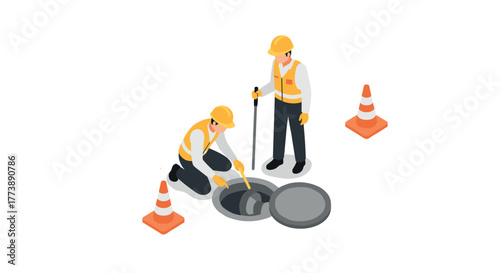 Isometric workers in safety gear fixing manhole with traffic cones