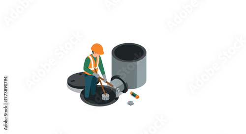 Isometric worker inspecting sewer maintenance with safety gear and tools