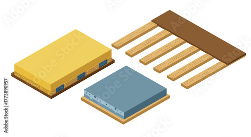 Isometric house foundation components beam, concrete, and insulation layers