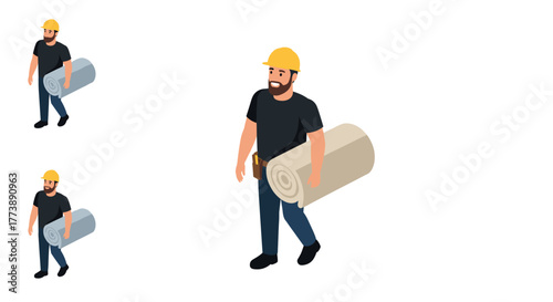 Construction worker carrying carpet roll in isometric style
