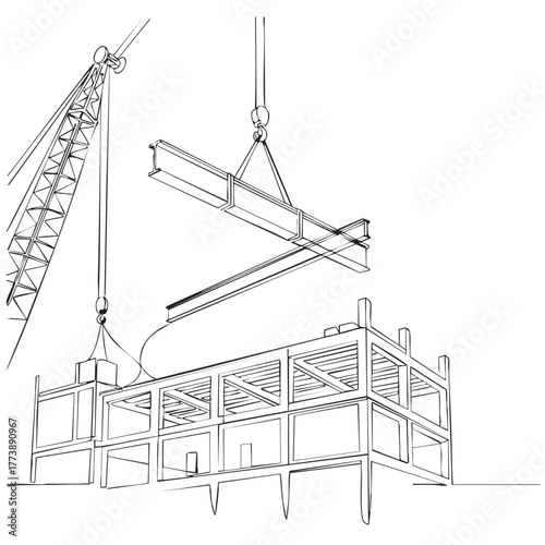 A detailed line drawing illustrates a large crane carefully lifting heavy steel beams into place, forming the skeletal structure of a modern building under construction.