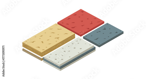 Isometric set of colorful kitchen sponges for cleaning and hygiene