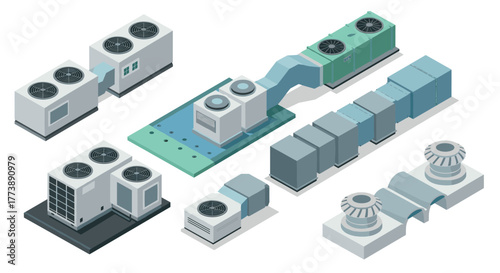 Isometric hvac system components set featuring ducts and units