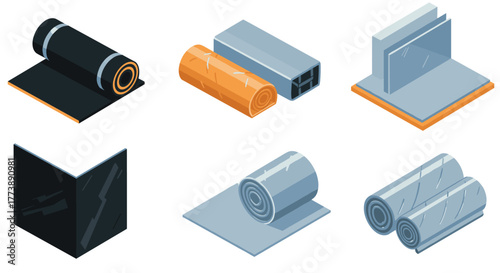 Construction materials isometric insulation rolls and metal sheets collection