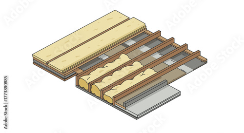 Isometric cutaway of building insulation layers for construction design