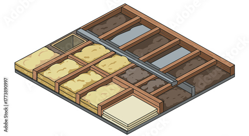 Isometric crosssection of roof insulation materials with wooden beams and panels